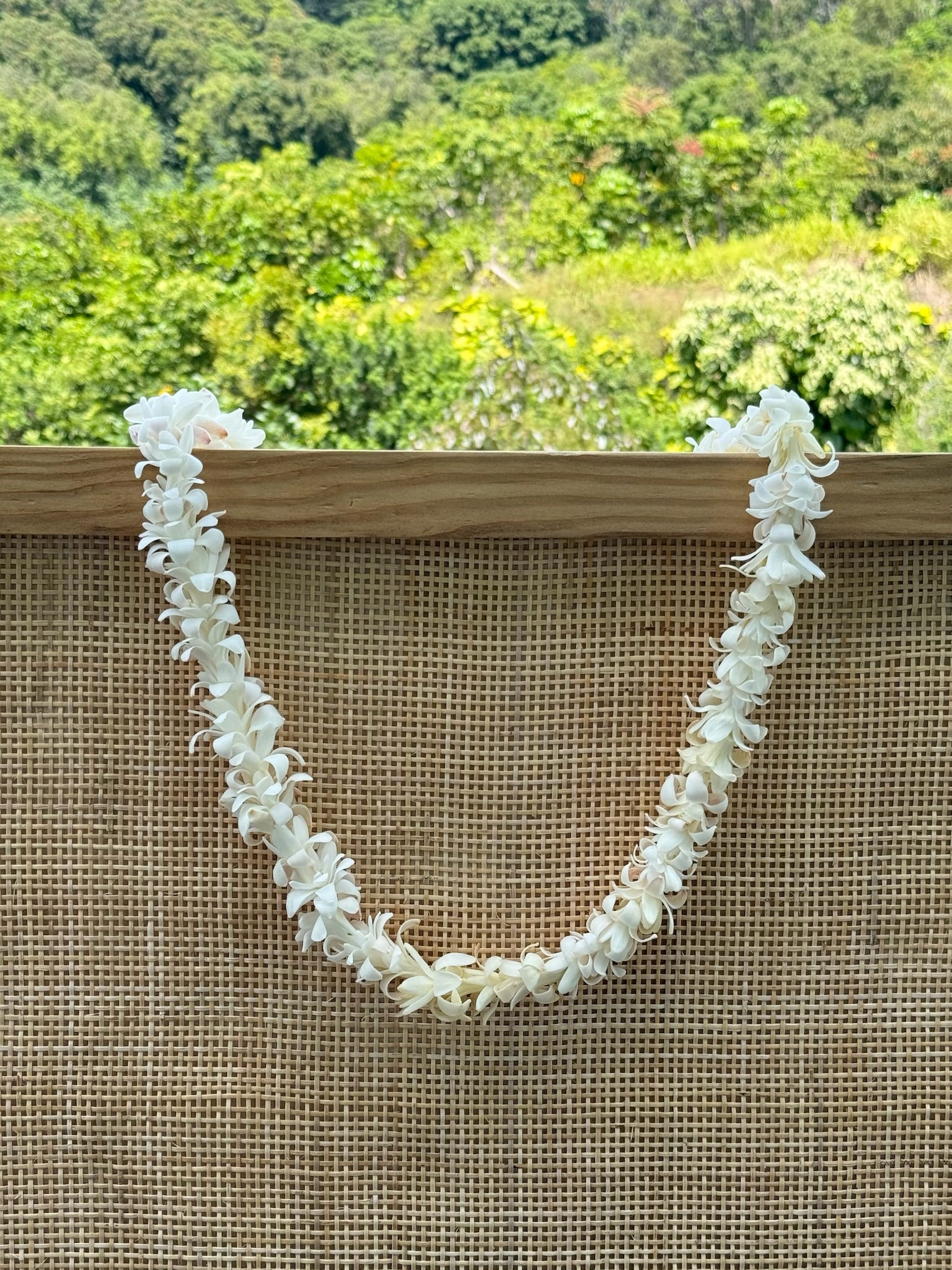 White single tuberose lei hanging from wooden frame